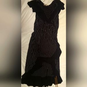 Women navy blue white pinstripe high low dress